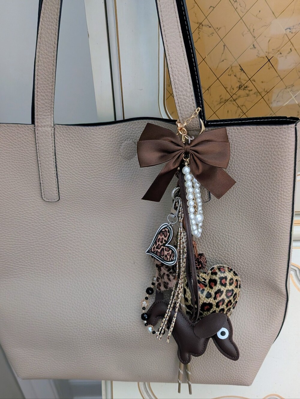 Beige Leather Tote with Playful Dachshund Charm